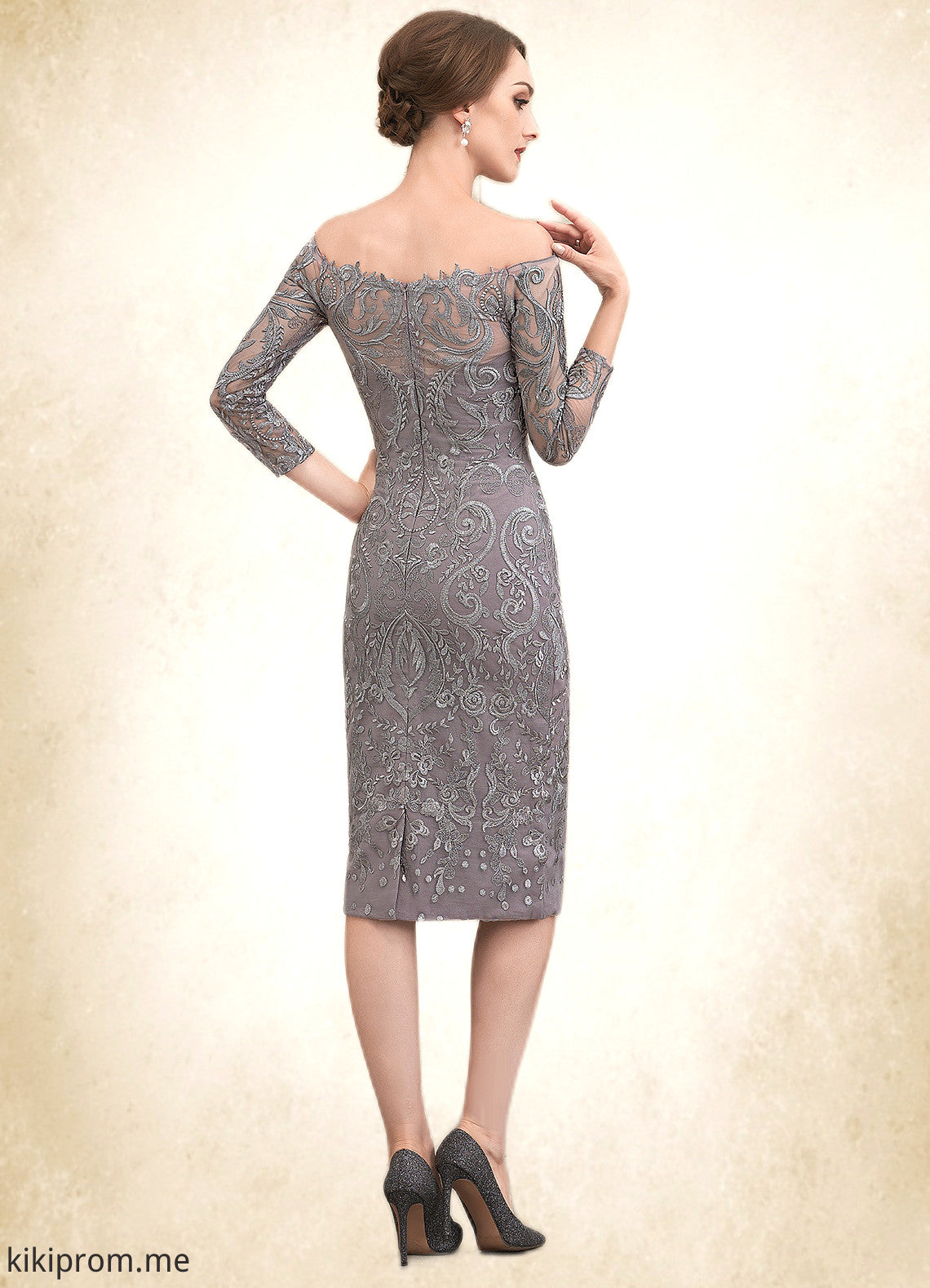 Jane Sheath/Column Off-the-Shoulder Knee-Length Lace Mother of the Bride Dress STF126P0014595