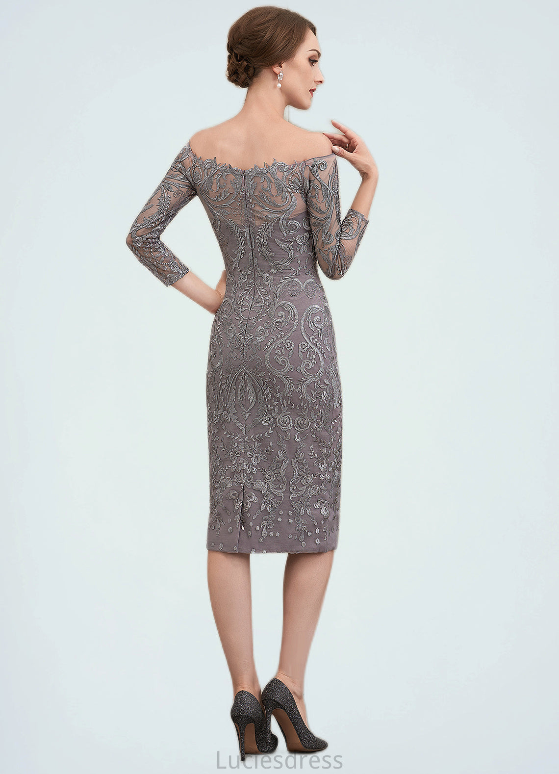 Fiona Sheath/Column Off-the-Shoulder Knee-Length Lace Mother of the Bride Dress HF126P0014595