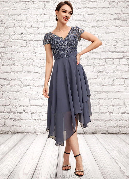 Allison A-Line V-neck Asymmetrical Chiffon Lace Mother of the Bride Dress With Ruffle HF126P0014596