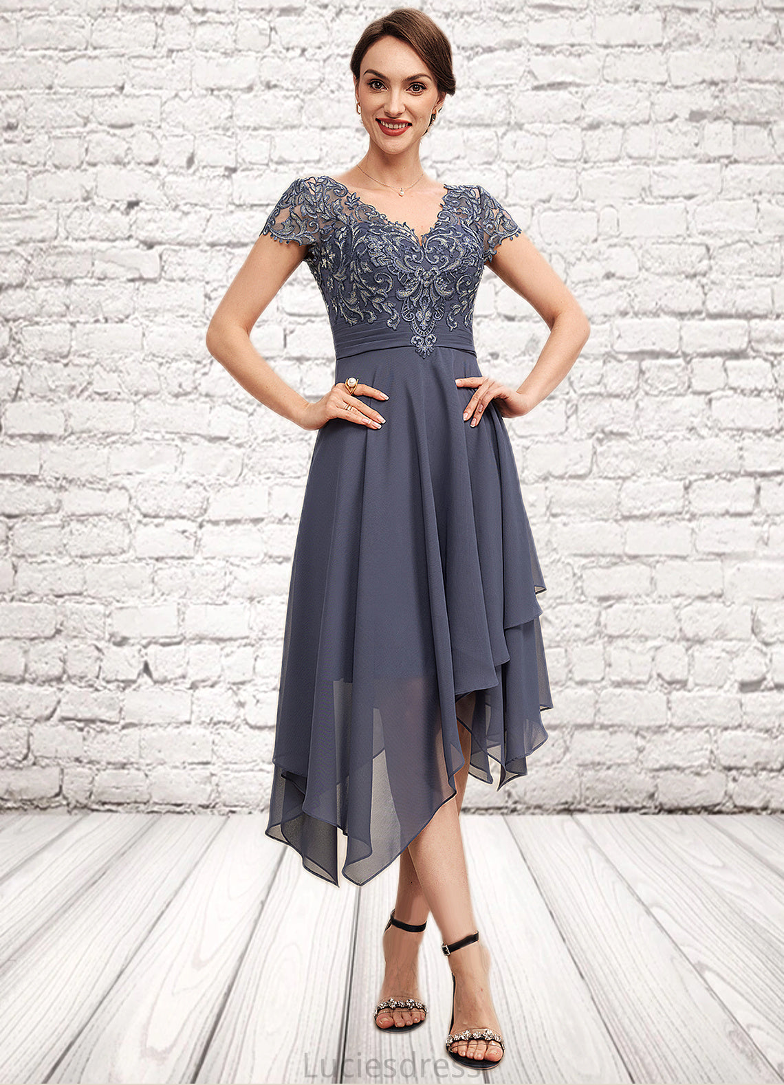 Allison A-Line V-neck Asymmetrical Chiffon Lace Mother of the Bride Dress With Ruffle HF126P0014596