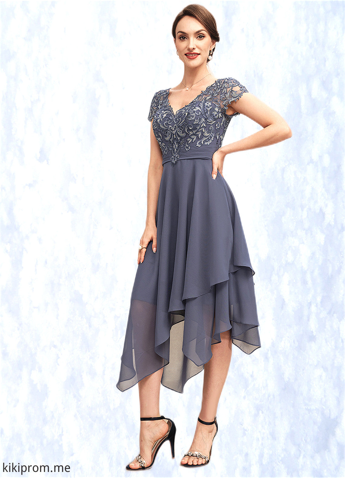 Julia A-Line V-neck Asymmetrical Chiffon Lace Mother of the Bride Dress With Ruffle STF126P0014596