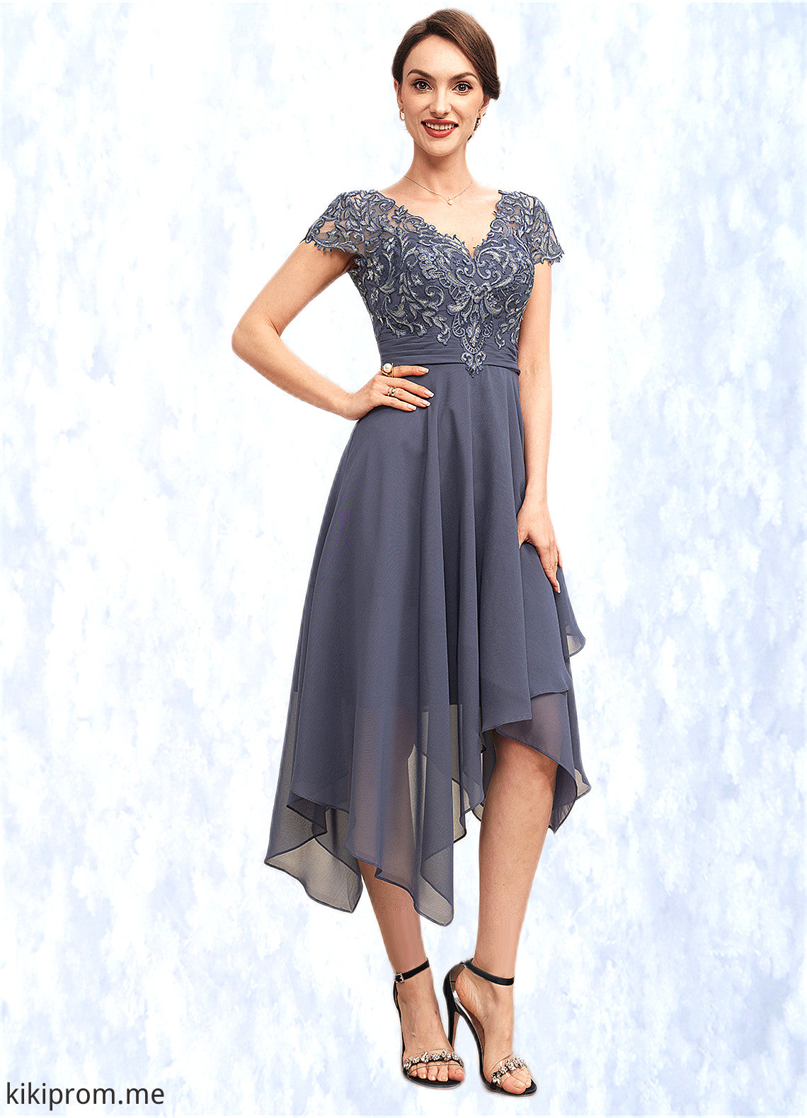 Julia A-Line V-neck Asymmetrical Chiffon Lace Mother of the Bride Dress With Ruffle STF126P0014596