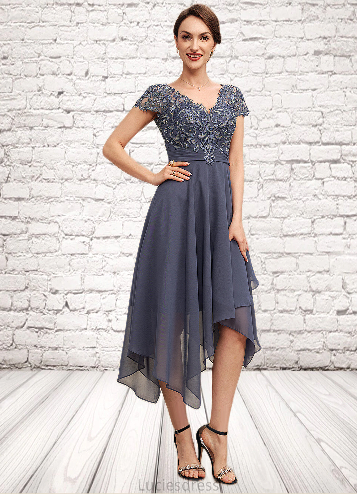 Allison A-Line V-neck Asymmetrical Chiffon Lace Mother of the Bride Dress With Ruffle HF126P0014596