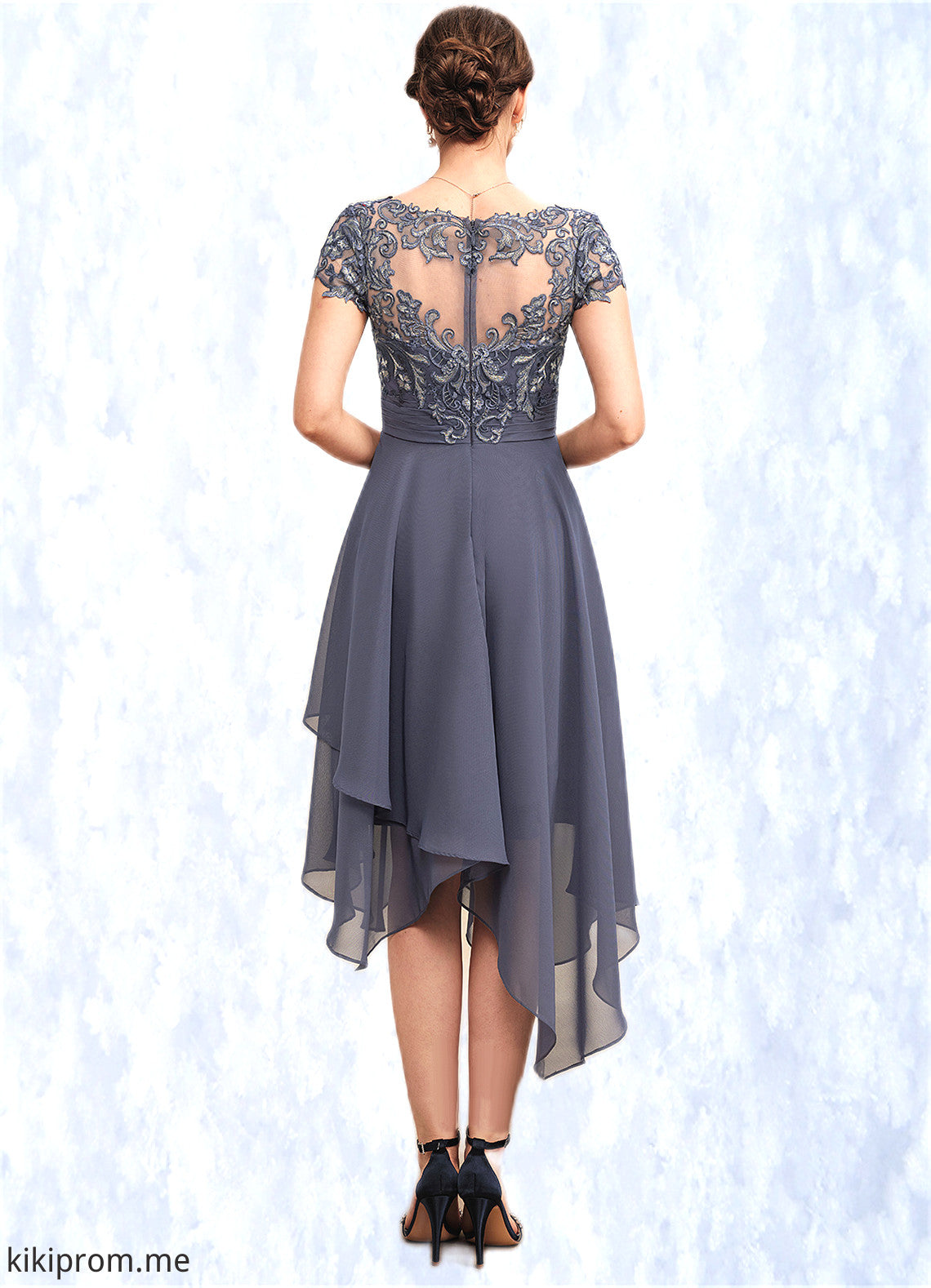 Julia A-Line V-neck Asymmetrical Chiffon Lace Mother of the Bride Dress With Ruffle STF126P0014596