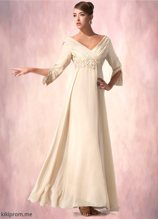 Elaina Empire V-neck Floor-Length Chiffon Mother of the Bride Dress With Ruffle Beading STF126P0014597