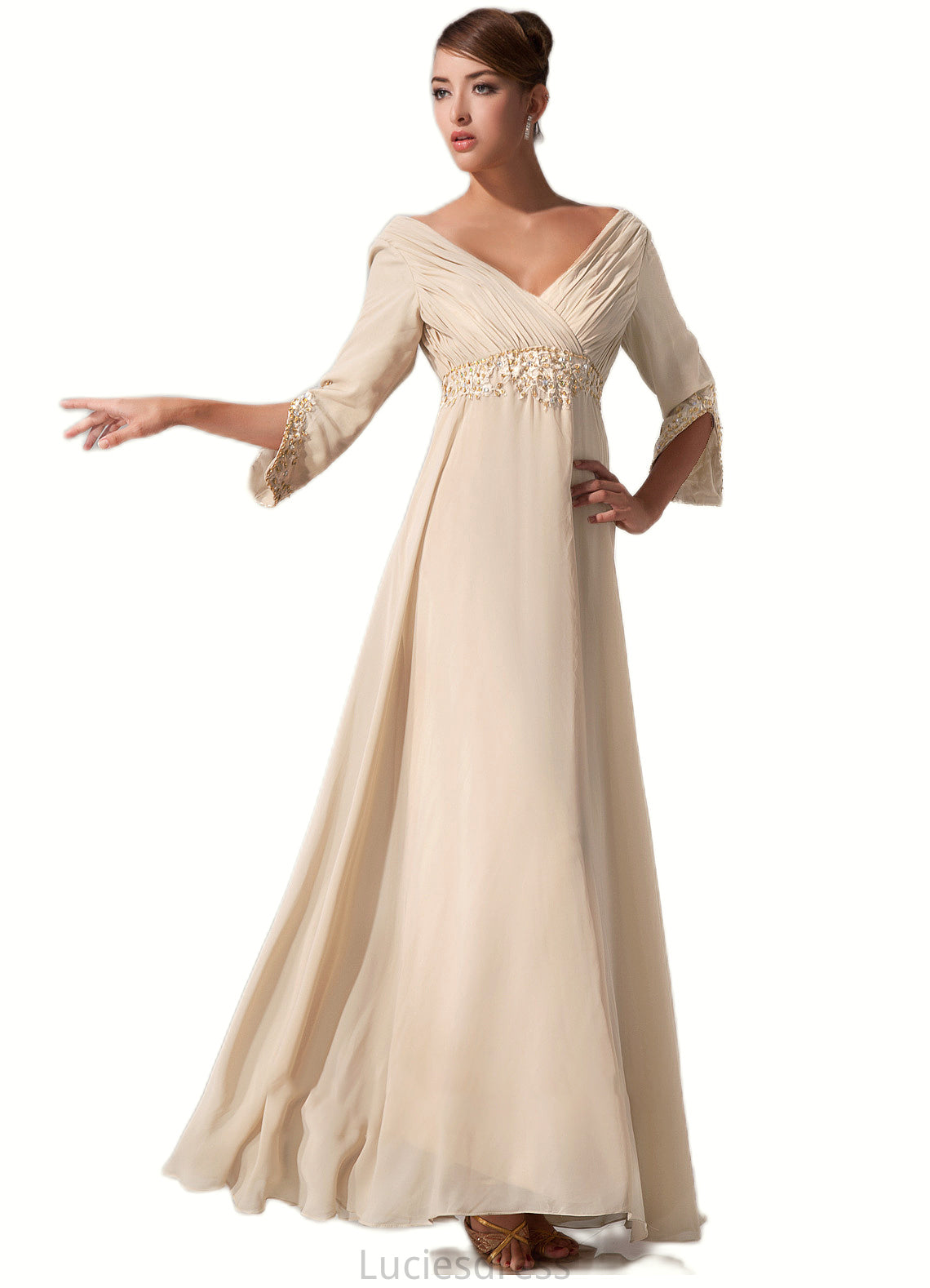 Mikayla Empire V-neck Floor-Length Chiffon Mother of the Bride Dress With Ruffle Beading HF126P0014597