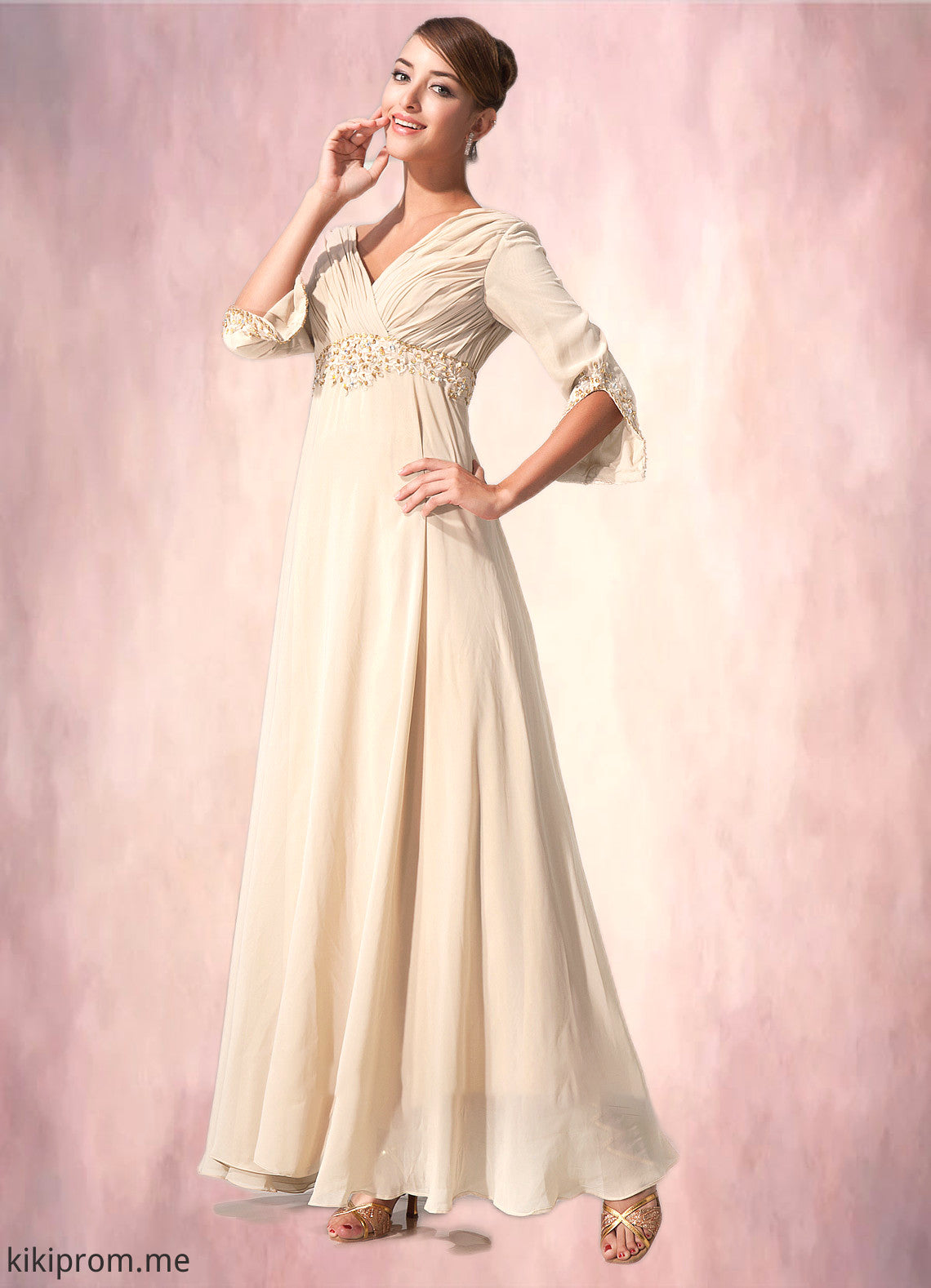 Elaina Empire V-neck Floor-Length Chiffon Mother of the Bride Dress With Ruffle Beading STF126P0014597