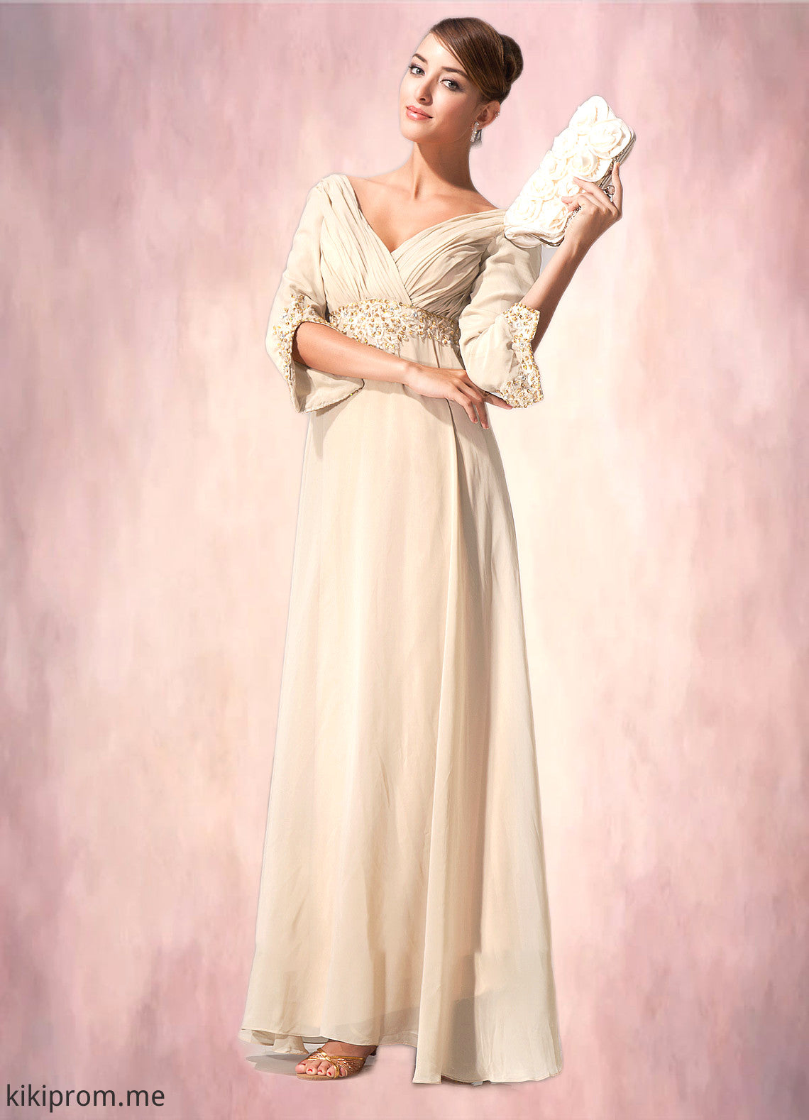 Elaina Empire V-neck Floor-Length Chiffon Mother of the Bride Dress With Ruffle Beading STF126P0014597