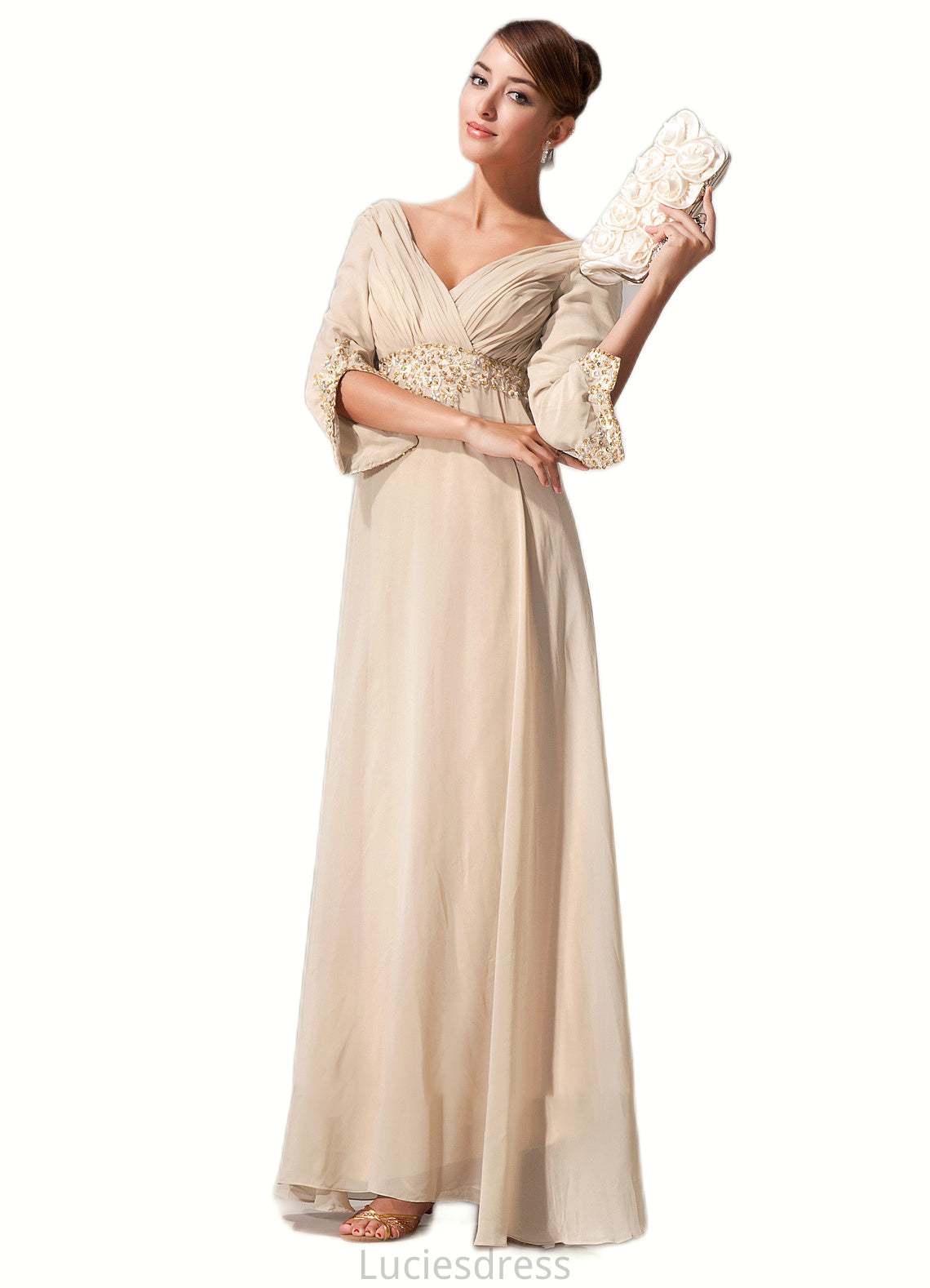 Mikayla Empire V-neck Floor-Length Chiffon Mother of the Bride Dress With Ruffle Beading HF126P0014597