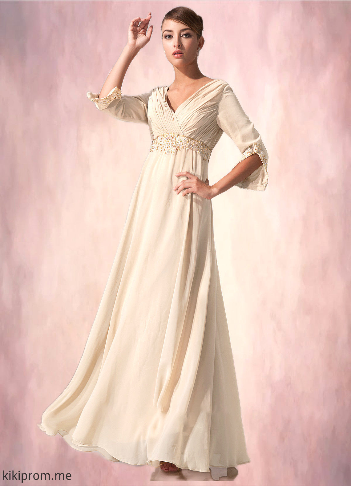 Elaina Empire V-neck Floor-Length Chiffon Mother of the Bride Dress With Ruffle Beading STF126P0014597