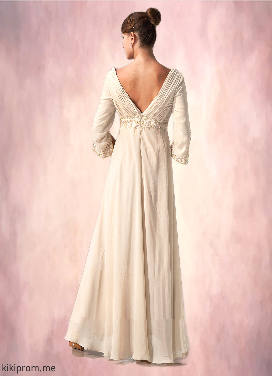 Elaina Empire V-neck Floor-Length Chiffon Mother of the Bride Dress With Ruffle Beading STF126P0014597