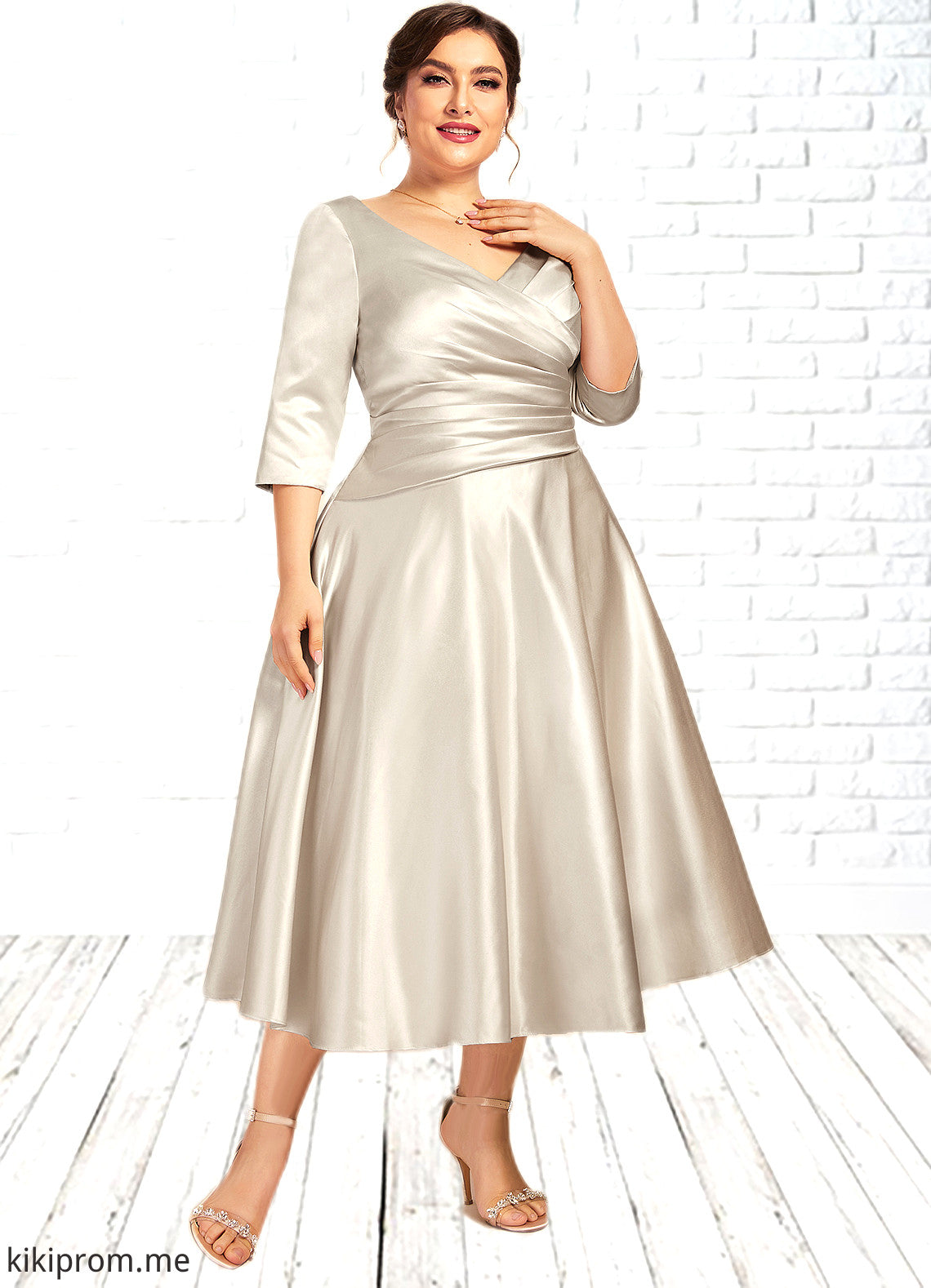 Alia A-Line V-neck Tea-Length Satin Mother of the Bride Dress With Ruffle STF126P0014598