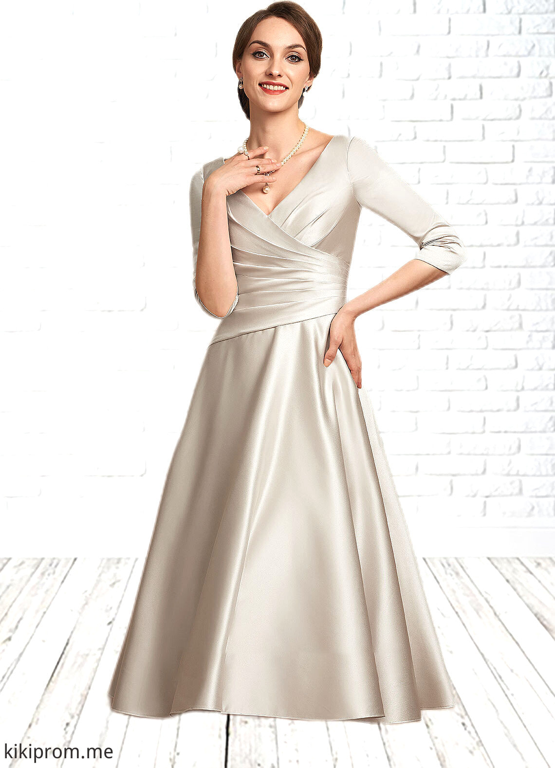 Alia A-Line V-neck Tea-Length Satin Mother of the Bride Dress With Ruffle STF126P0014598