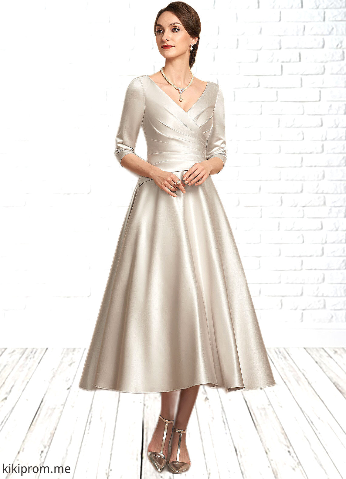 Alia A-Line V-neck Tea-Length Satin Mother of the Bride Dress With Ruffle STF126P0014598