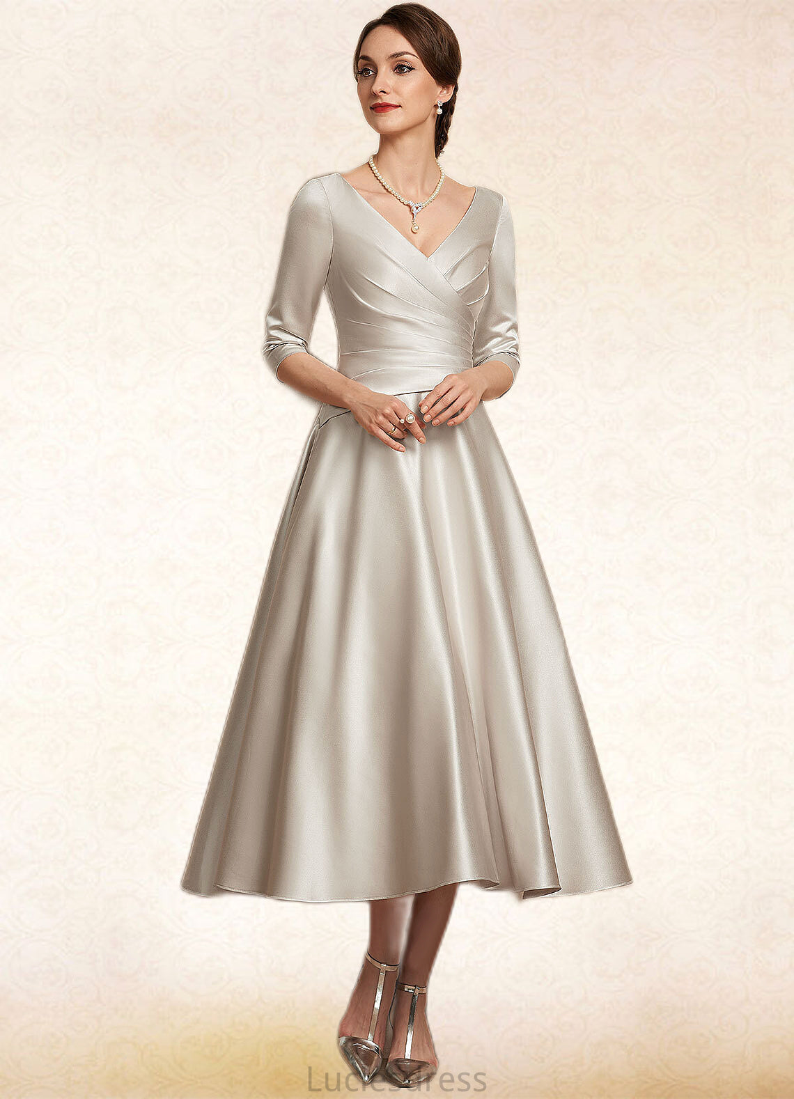 Lilith A-Line V-neck Tea-Length Satin Mother of the Bride Dress With Ruffle HF126P0014598