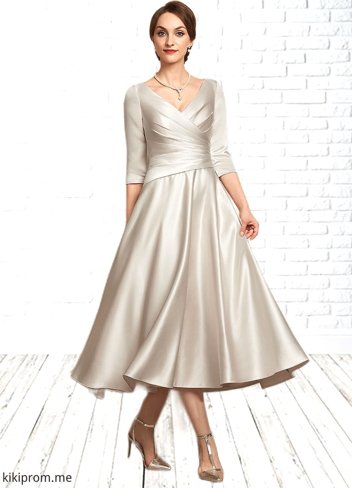 Alia A-Line V-neck Tea-Length Satin Mother of the Bride Dress With Ruffle STF126P0014598