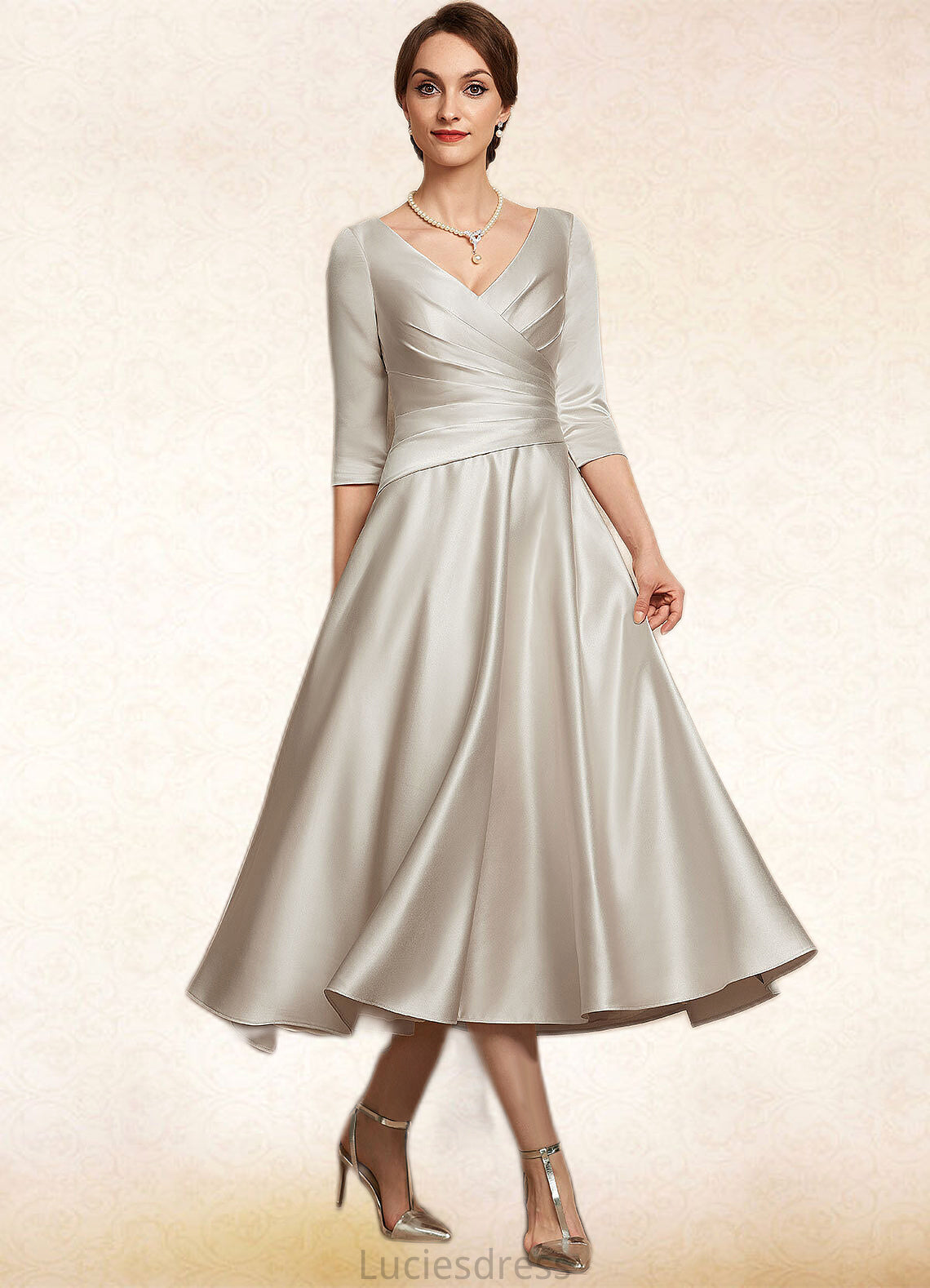 Lilith A-Line V-neck Tea-Length Satin Mother of the Bride Dress With Ruffle HF126P0014598