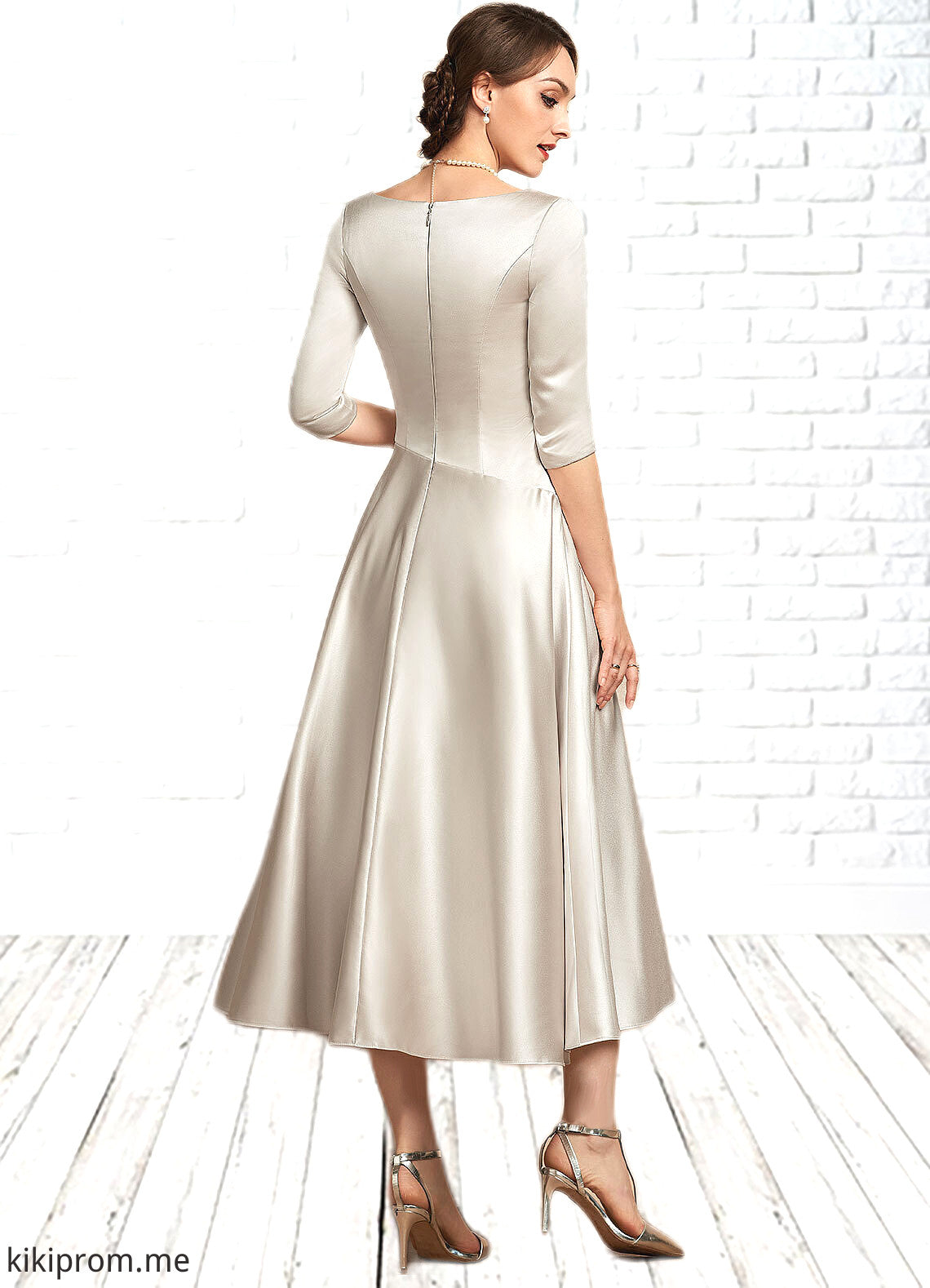 Alia A-Line V-neck Tea-Length Satin Mother of the Bride Dress With Ruffle STF126P0014598