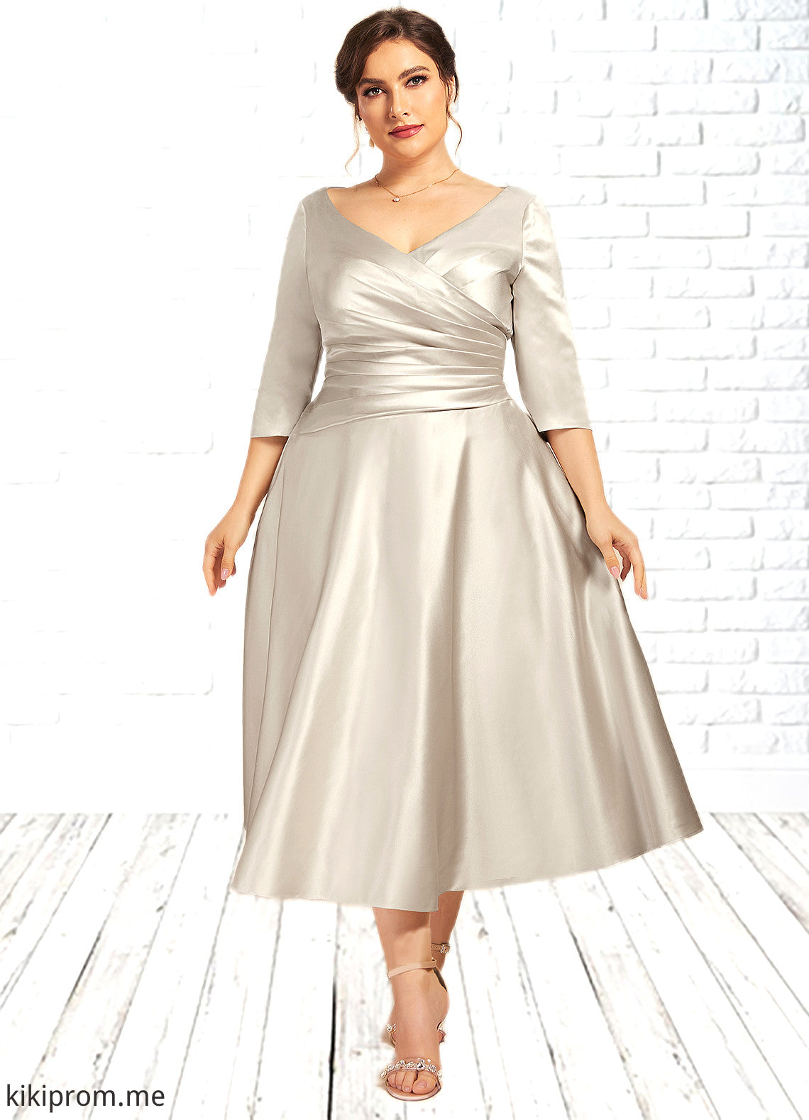 Alia A-Line V-neck Tea-Length Satin Mother of the Bride Dress With Ruffle STF126P0014598