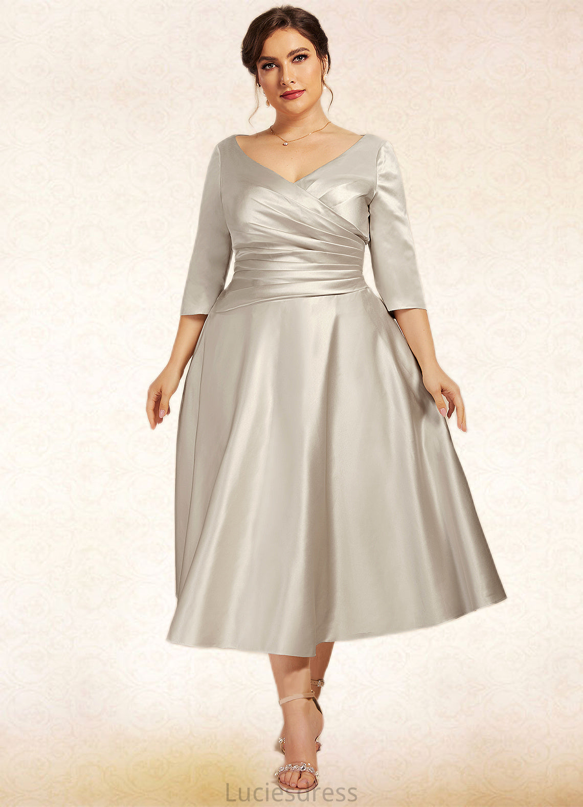 Lilith A-Line V-neck Tea-Length Satin Mother of the Bride Dress With Ruffle HF126P0014598