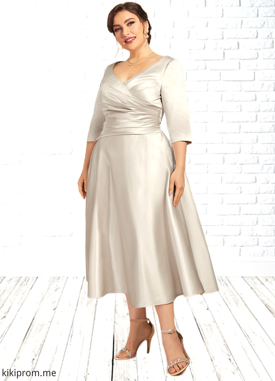 Alia A-Line V-neck Tea-Length Satin Mother of the Bride Dress With Ruffle STF126P0014598