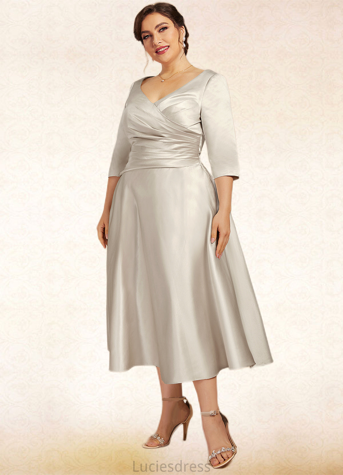 Lilith A-Line V-neck Tea-Length Satin Mother of the Bride Dress With Ruffle HF126P0014598