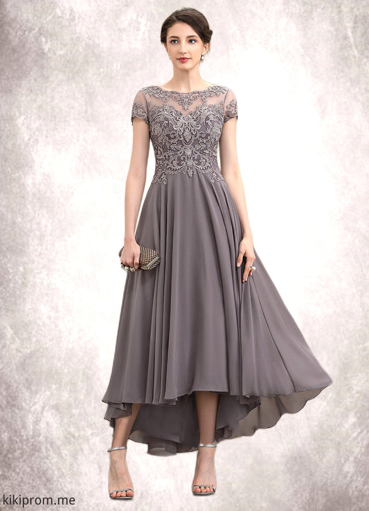 Nora A-Line Scoop Neck Asymmetrical Chiffon Lace Mother of the Bride Dress With Beading Sequins STF126P0014599