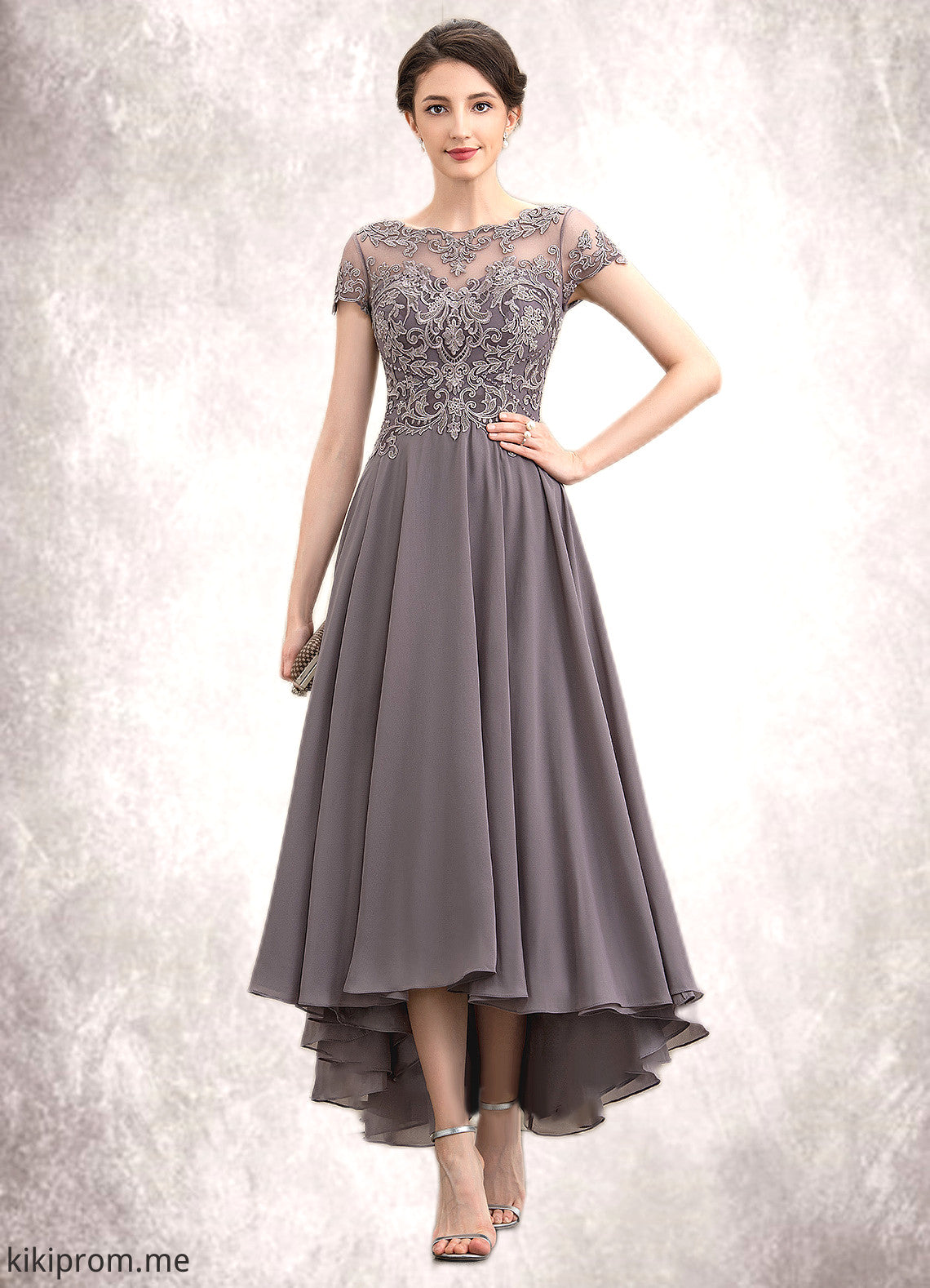 Nora A-Line Scoop Neck Asymmetrical Chiffon Lace Mother of the Bride Dress With Beading Sequins STF126P0014599