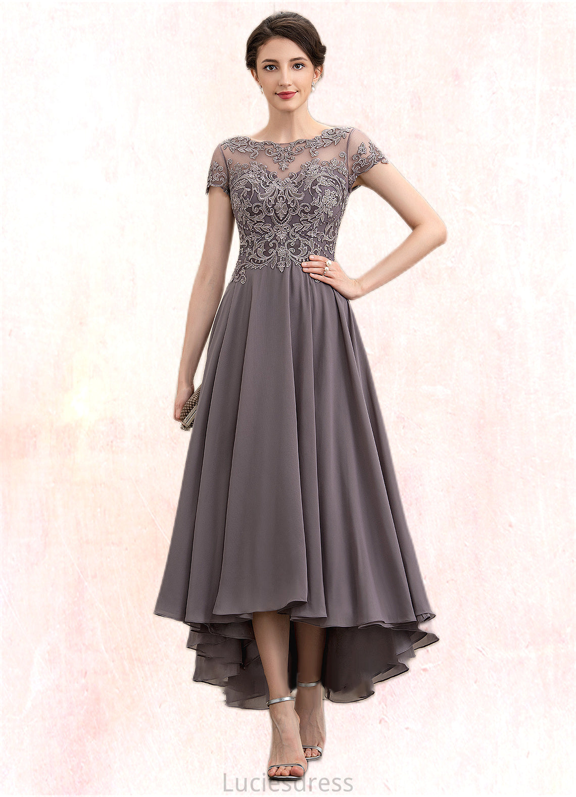 Angelica A-Line Scoop Neck Asymmetrical Chiffon Lace Mother of the Bride Dress With Beading Sequins HF126P0014599