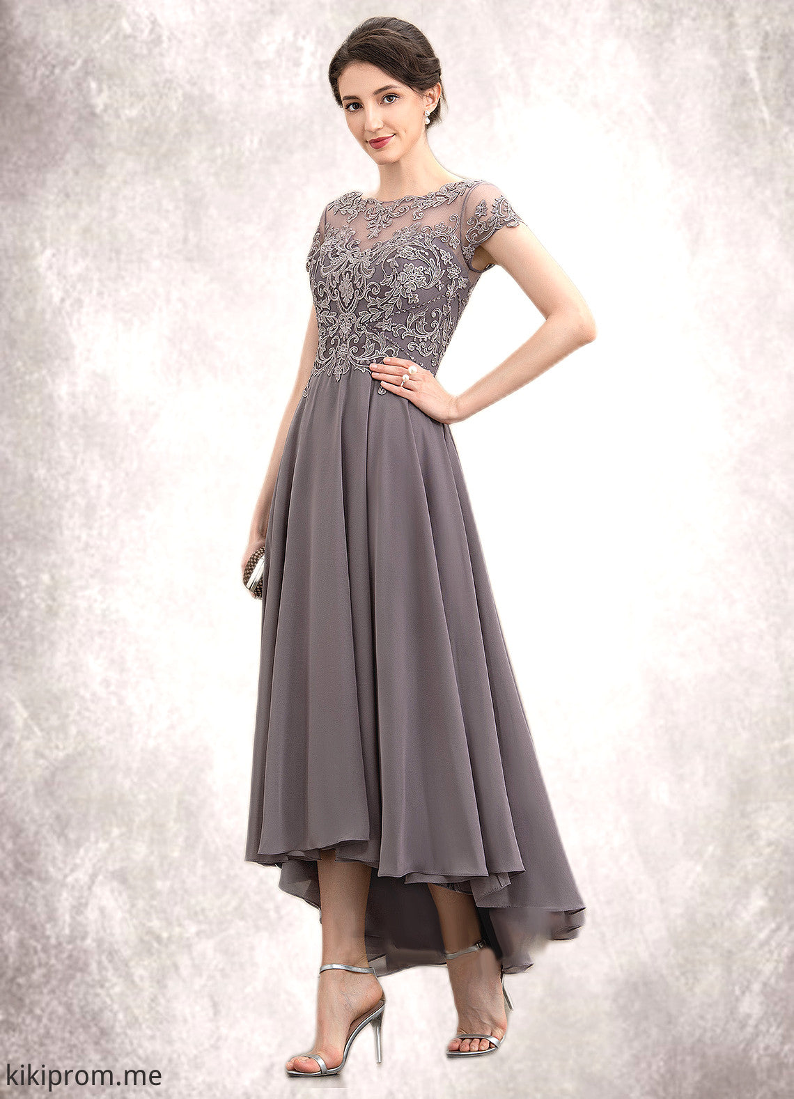 Nora A-Line Scoop Neck Asymmetrical Chiffon Lace Mother of the Bride Dress With Beading Sequins STF126P0014599