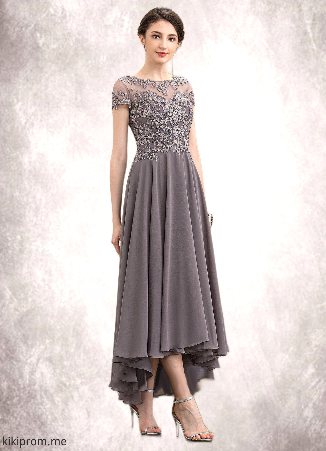 Nora A-Line Scoop Neck Asymmetrical Chiffon Lace Mother of the Bride Dress With Beading Sequins STF126P0014599