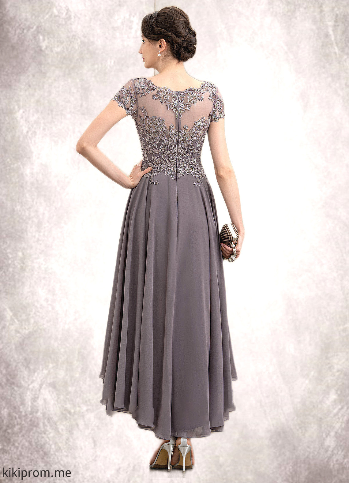 Nora A-Line Scoop Neck Asymmetrical Chiffon Lace Mother of the Bride Dress With Beading Sequins STF126P0014599