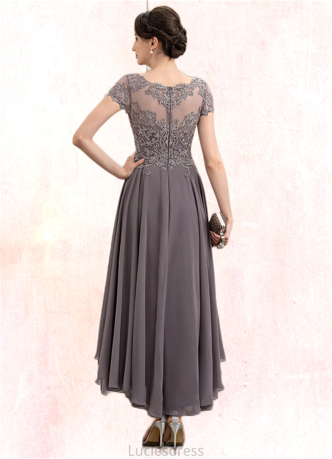 Angelica A-Line Scoop Neck Asymmetrical Chiffon Lace Mother of the Bride Dress With Beading Sequins HF126P0014599