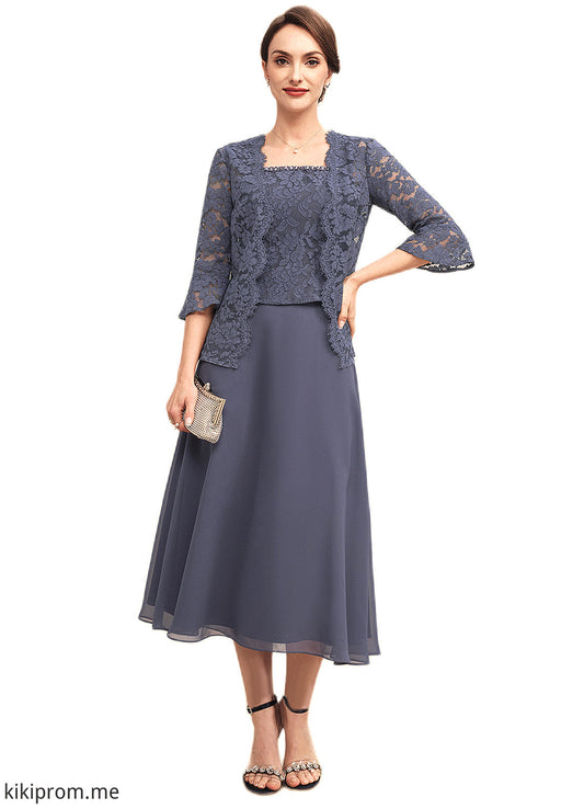 Mckenzie A-Line Square Neckline Tea-Length Chiffon Lace Mother of the Bride Dress With Beading STF126P0014601