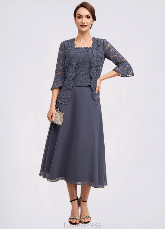 Miracle A-Line Square Neckline Tea-Length Chiffon Lace Mother of the Bride Dress With Beading HF126P0014601