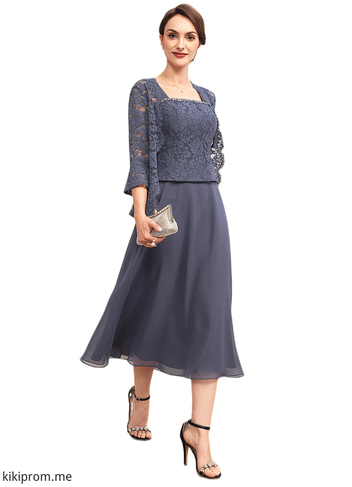 Mckenzie A-Line Square Neckline Tea-Length Chiffon Lace Mother of the Bride Dress With Beading STF126P0014601