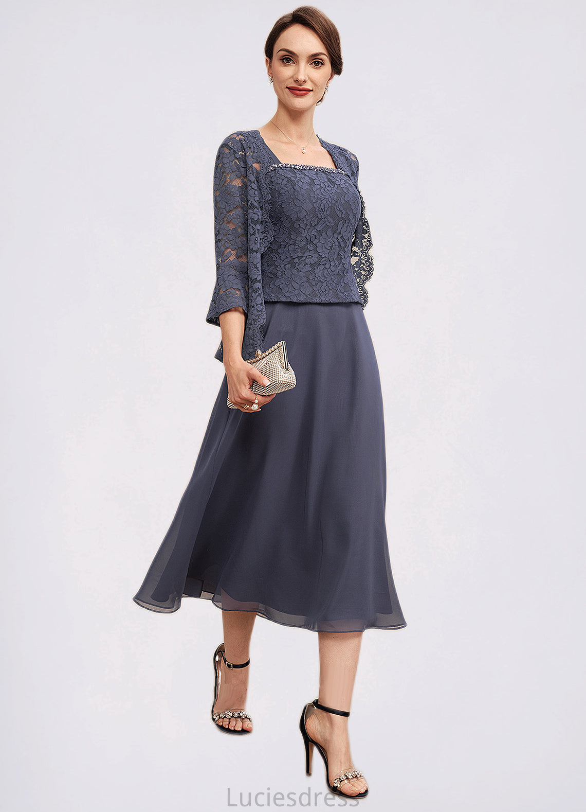 Miracle A-Line Square Neckline Tea-Length Chiffon Lace Mother of the Bride Dress With Beading HF126P0014601