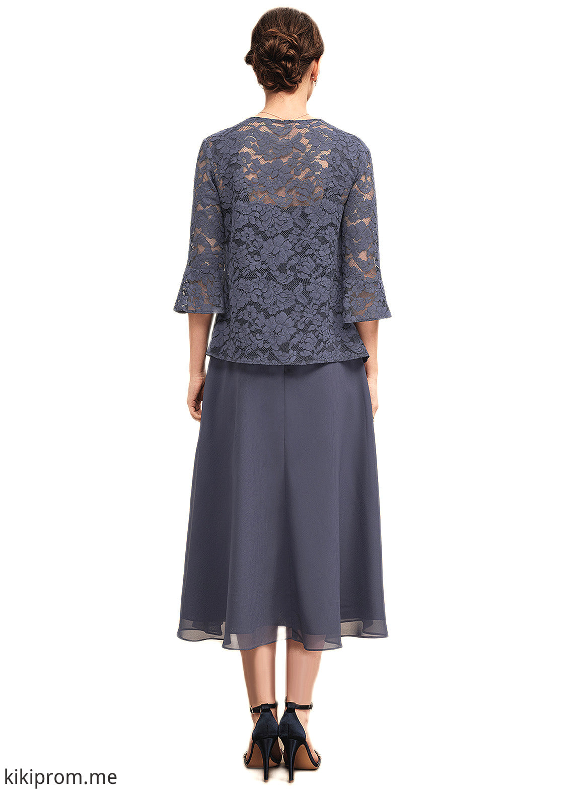 Mckenzie A-Line Square Neckline Tea-Length Chiffon Lace Mother of the Bride Dress With Beading STF126P0014601