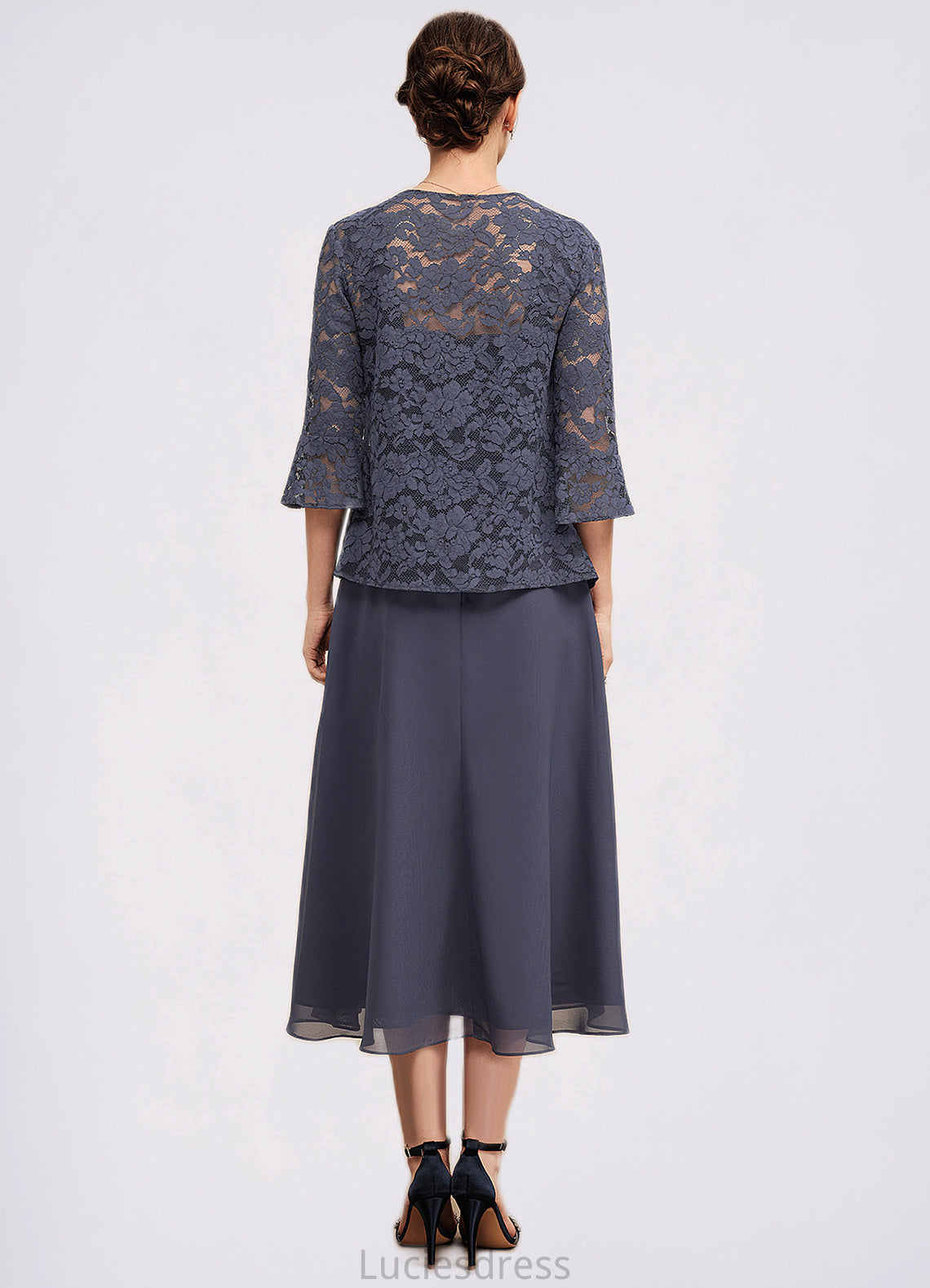 Miracle A-Line Square Neckline Tea-Length Chiffon Lace Mother of the Bride Dress With Beading HF126P0014601