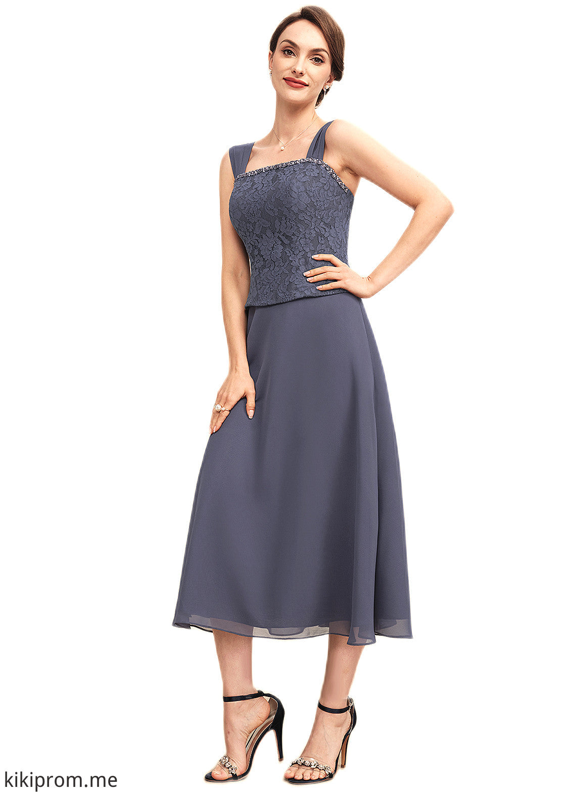 Mckenzie A-Line Square Neckline Tea-Length Chiffon Lace Mother of the Bride Dress With Beading STF126P0014601