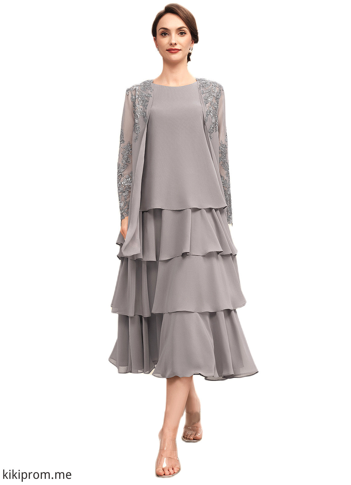 Tamia A-Line Scoop Neck Tea-Length Chiffon Mother of the Bride Dress With Cascading Ruffles STF126P0014603