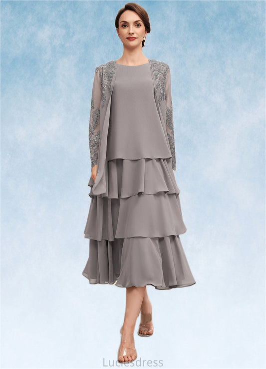 Miya A-Line Scoop Neck Tea-Length Chiffon Mother of the Bride Dress With Cascading Ruffles HF126P0014603