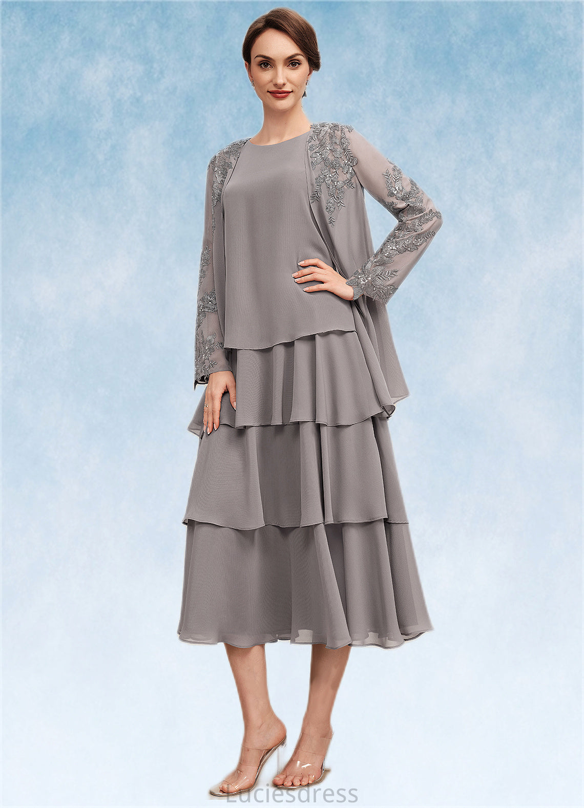 Miya A-Line Scoop Neck Tea-Length Chiffon Mother of the Bride Dress With Cascading Ruffles HF126P0014603