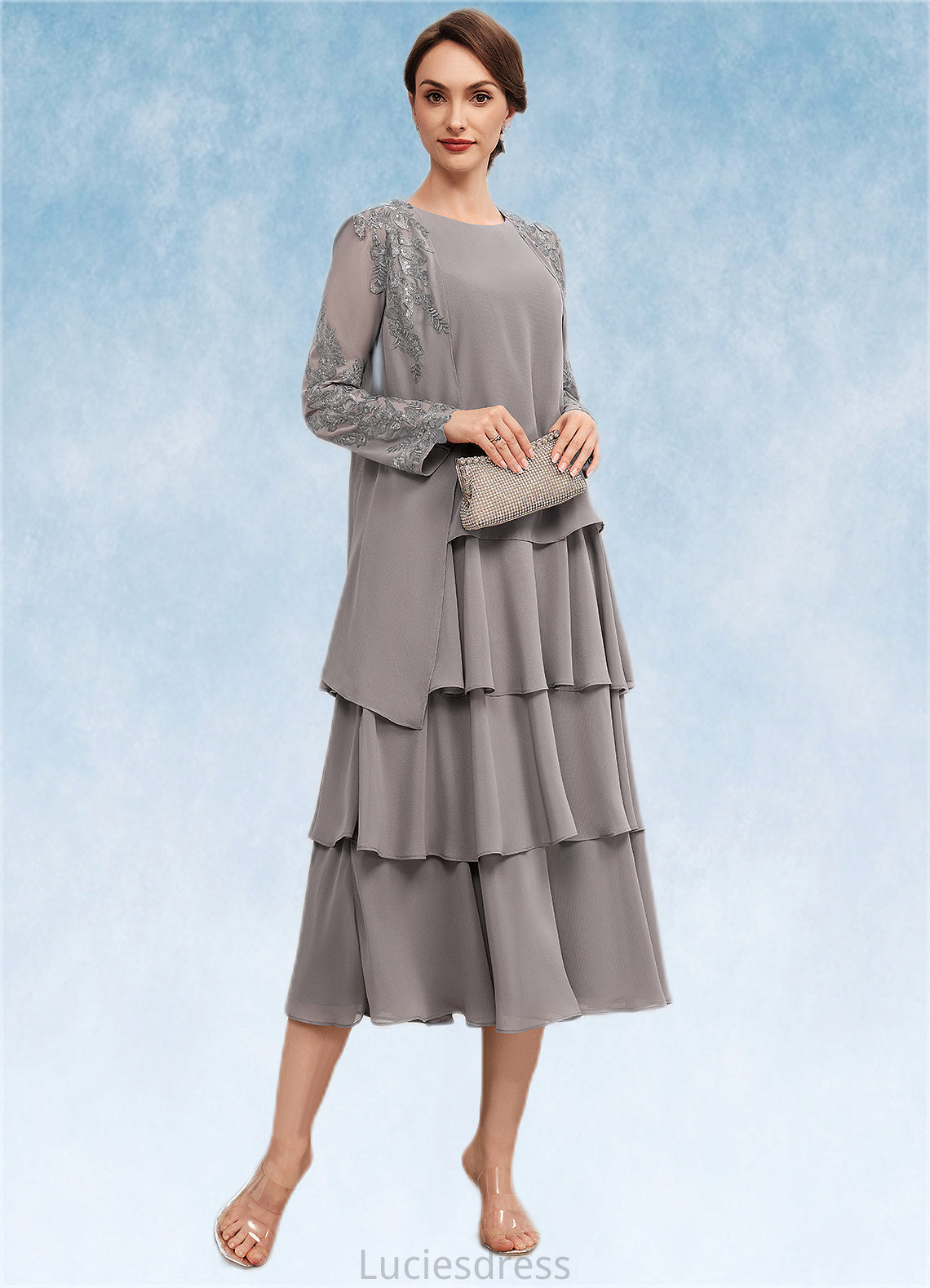 Miya A-Line Scoop Neck Tea-Length Chiffon Mother of the Bride Dress With Cascading Ruffles HF126P0014603