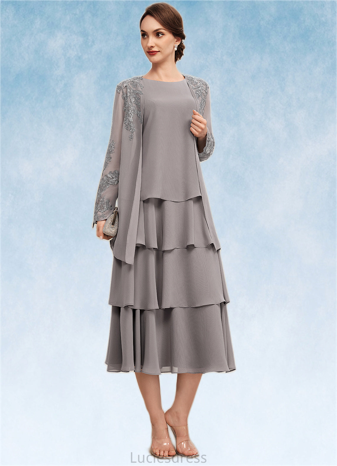 Miya A-Line Scoop Neck Tea-Length Chiffon Mother of the Bride Dress With Cascading Ruffles HF126P0014603