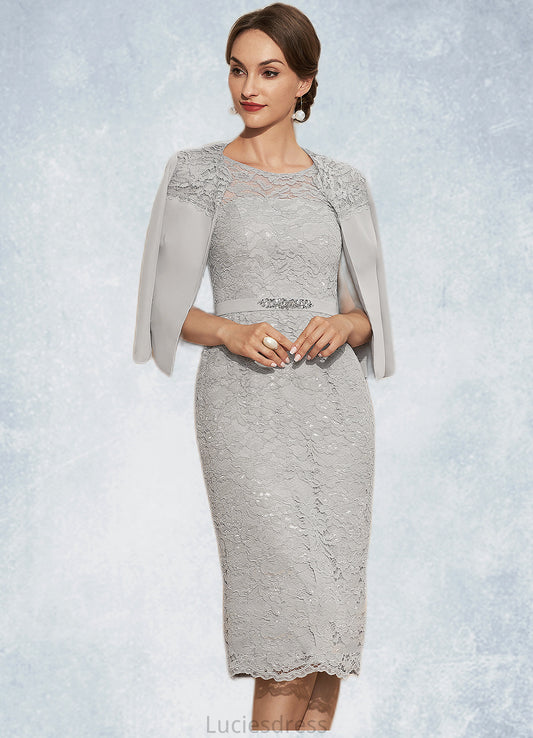 Journey Sheath/Column Scoop Neck Knee-Length Chiffon Lace Mother of the Bride Dress With Beading HF126P0014605