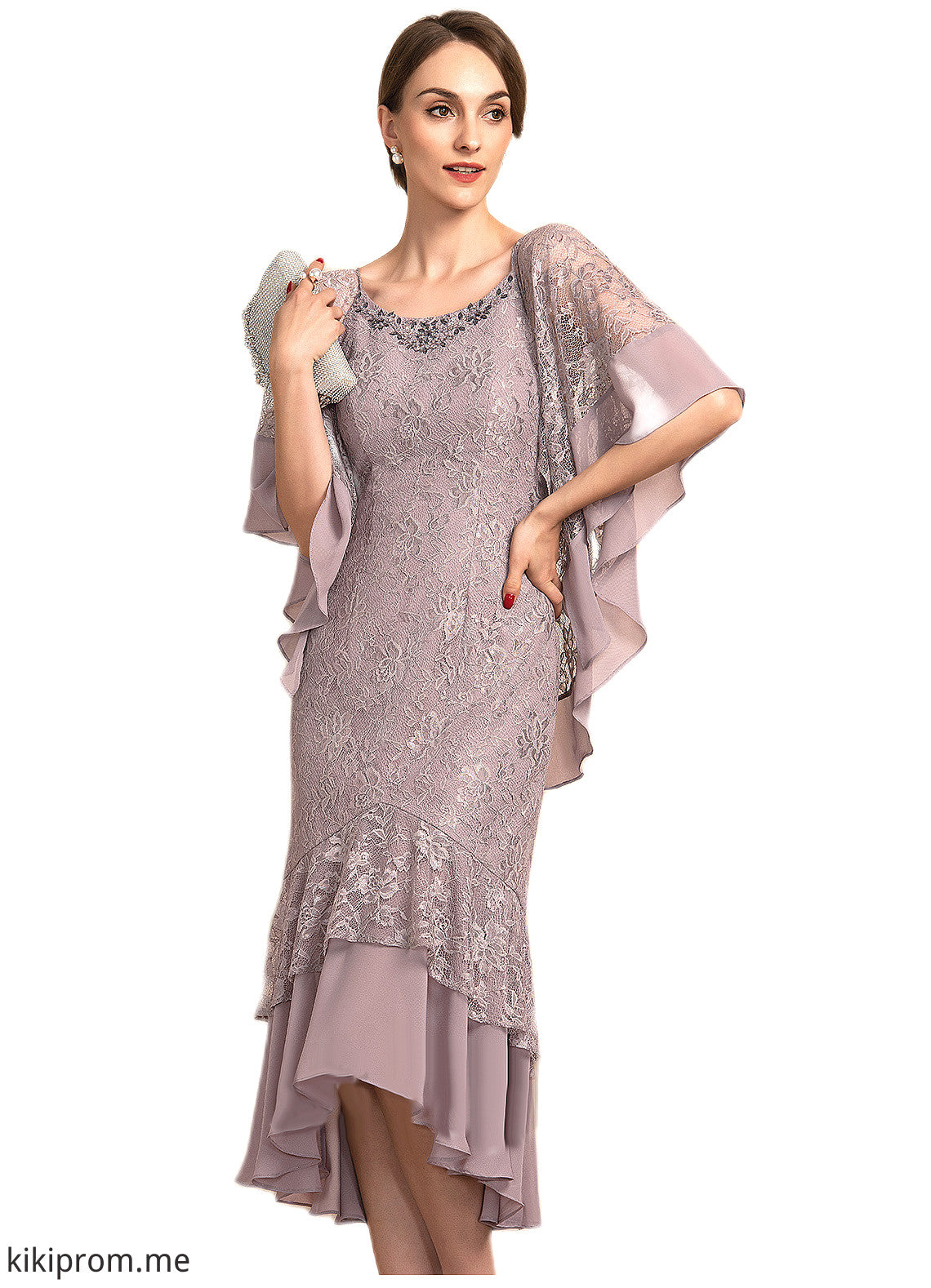 Glenda Trumpet/Mermaid Scoop Neck Asymmetrical Chiffon Lace Mother of the Bride Dress With Beading Sequins STF126P0014606