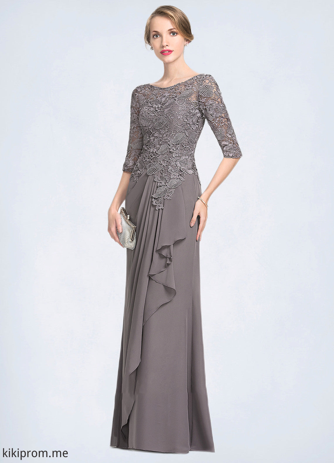 Cara A-Line Scoop Neck Floor-Length Chiffon Lace Mother of the Bride Dress With Cascading Ruffles STF126P0014608