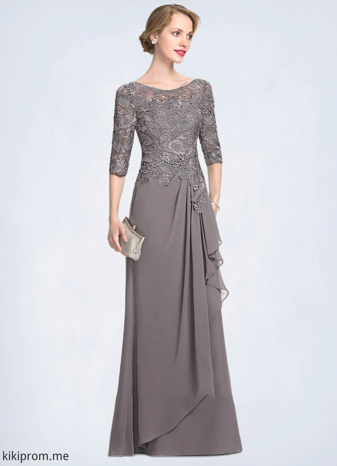 Cara A-Line Scoop Neck Floor-Length Chiffon Lace Mother of the Bride Dress With Cascading Ruffles STF126P0014608