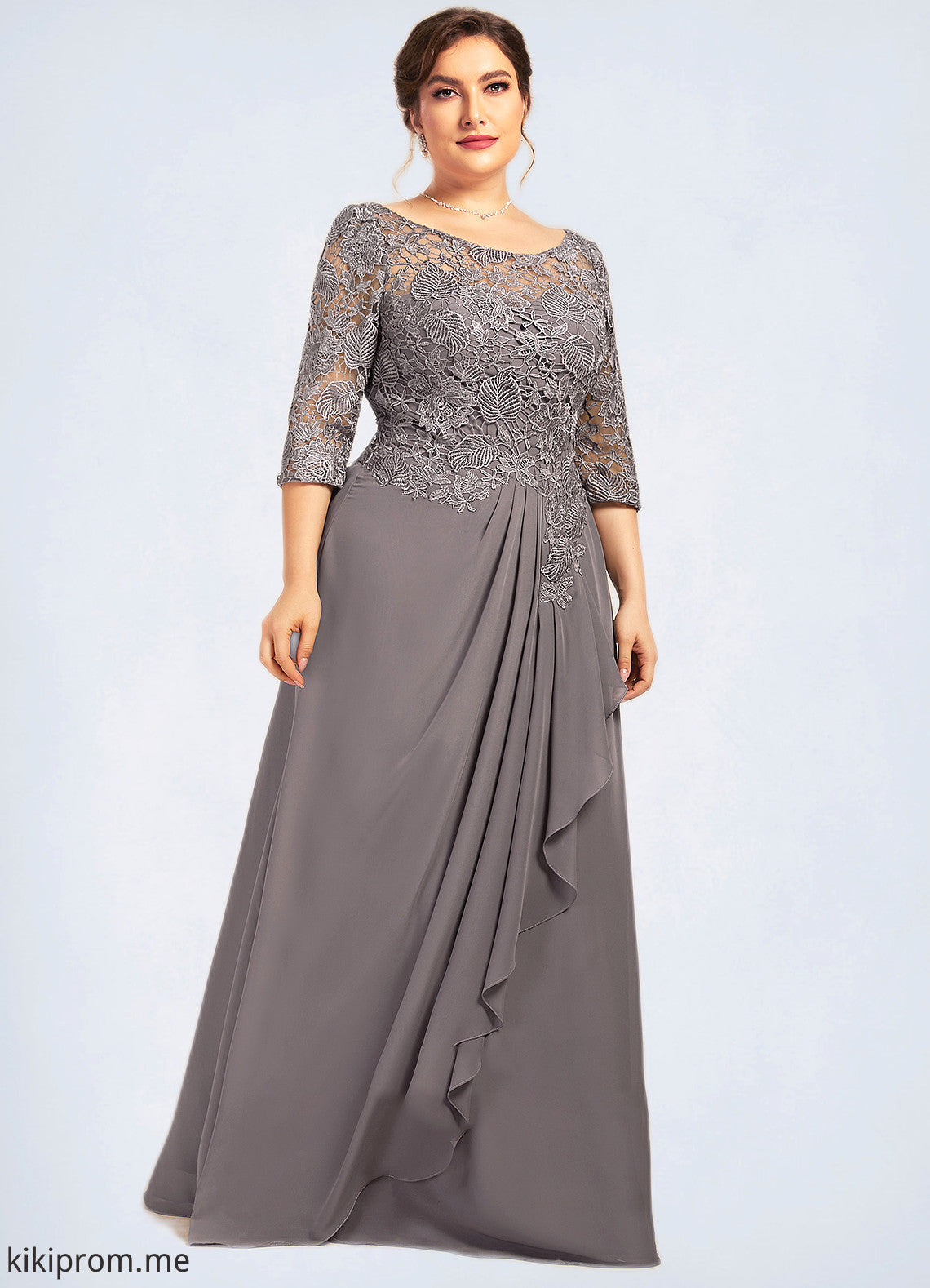 Cara A-Line Scoop Neck Floor-Length Chiffon Lace Mother of the Bride Dress With Cascading Ruffles STF126P0014608